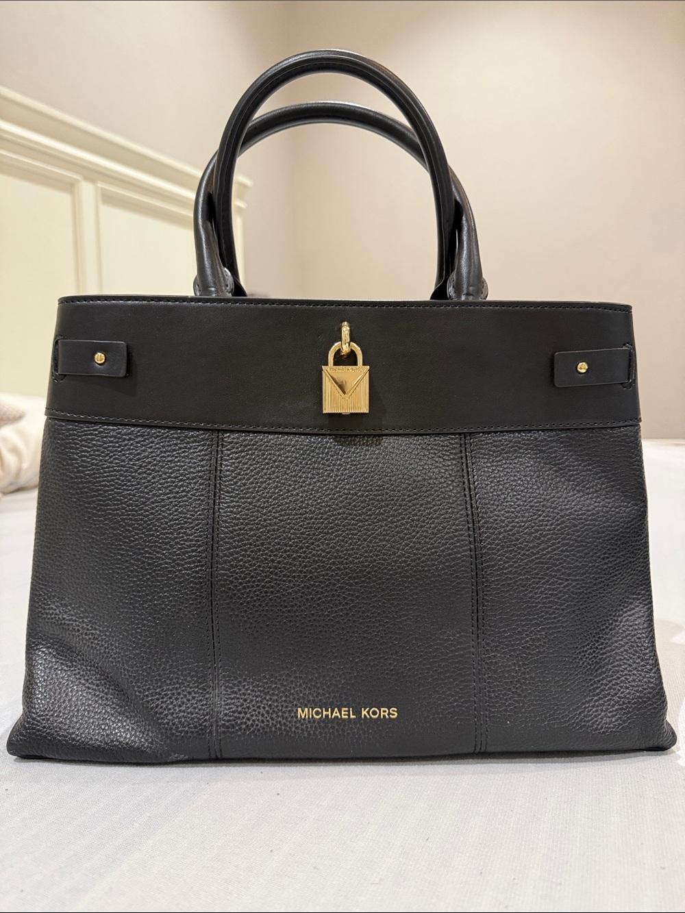 Michael Kors Black Pebbled Leather Satchel with Gold Lock